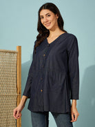 The Kaftan Company Tops Blue Denim Top with V-Neck and Front Buttons