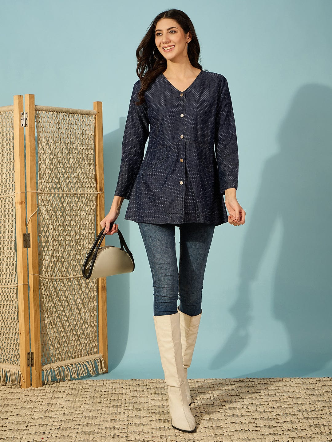 The Kaftan Company Tops Blue Denim Top with V-Neck and Front Buttons