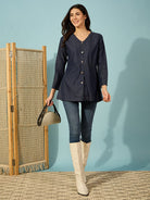 The Kaftan Company Tops Blue Denim Top with V-Neck and Front Buttons