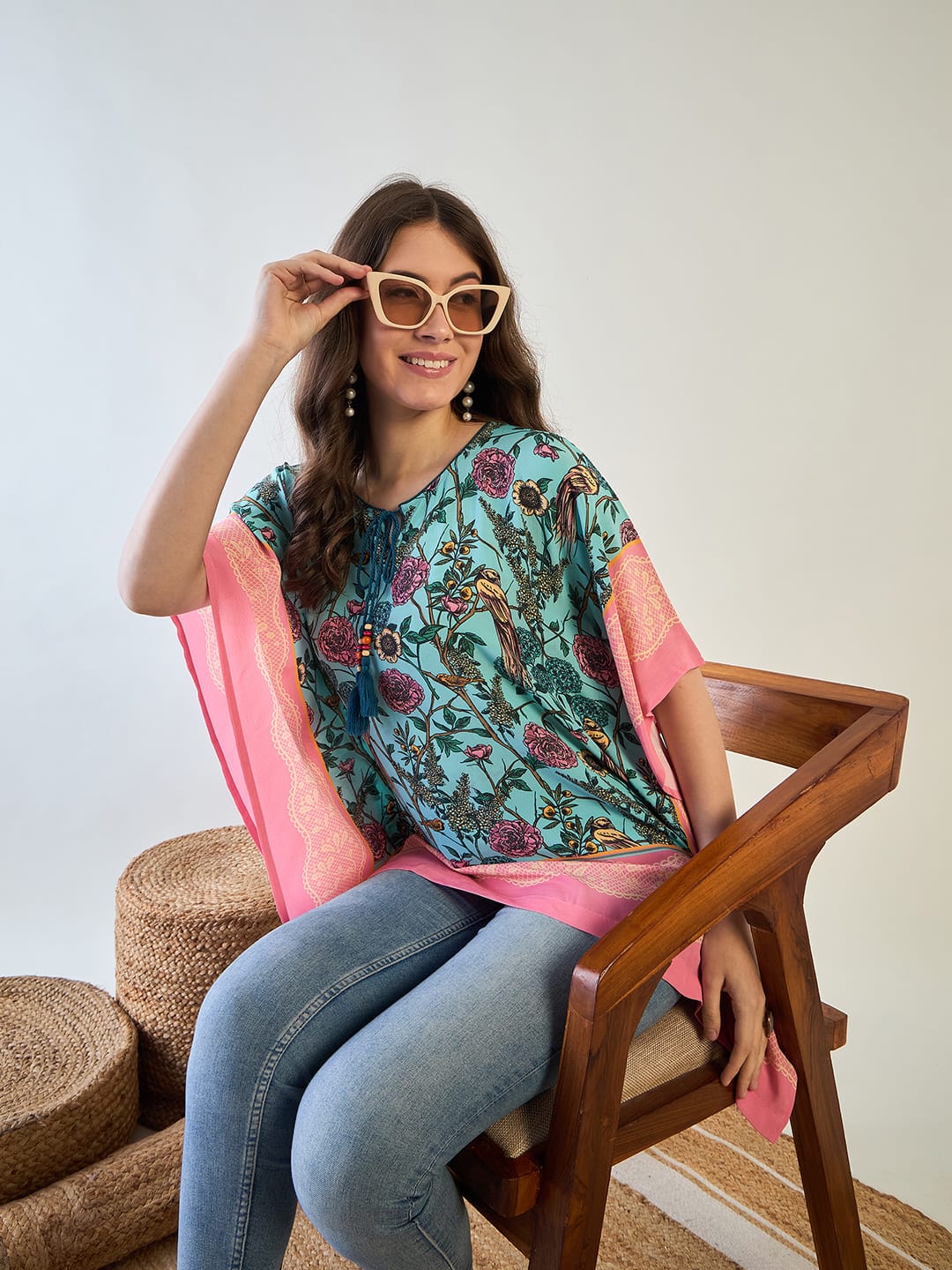 The Kaftan Company Tops Blue Flora Kaftan Top
