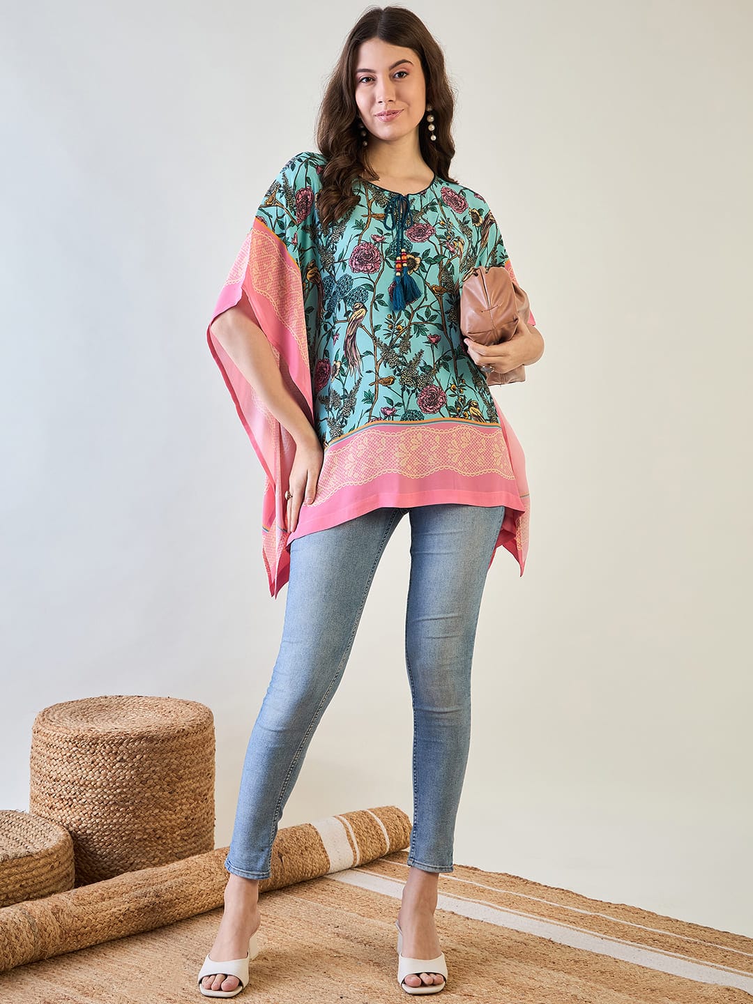 The Kaftan Company Tops Blue Flora Kaftan Top