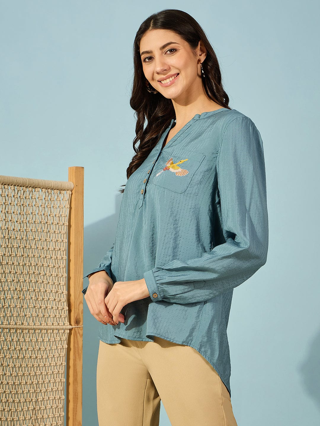 The Kaftan Company Tops Blue Modal Top with Bird Embroidery