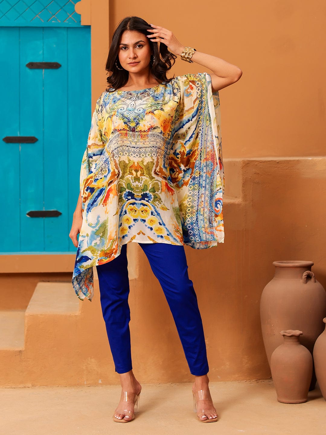 The Kaftan Company Tops Bohemian Abstract Printed Natural Crepe Kaftan Top