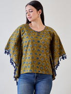 The Kaftan Company Tops Bright Blue Tasseled Green Cotton Ethnic Motifs Kaftan Top