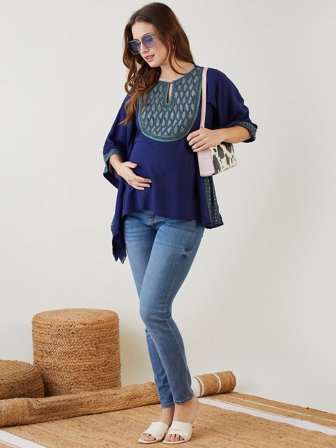 The Kaftan Company Tops Chikankari Hand Embroidered Yoke Maternity Top