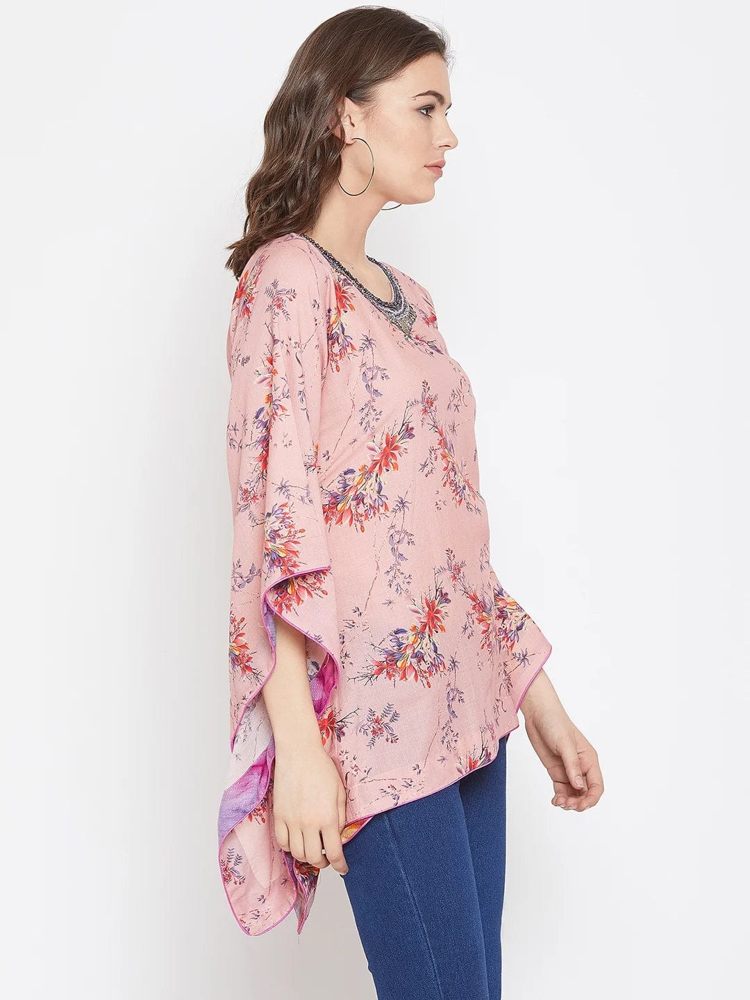 The Kaftan Company Tops Exotic Floral Pink Kaftan Top with Hand Embroidery