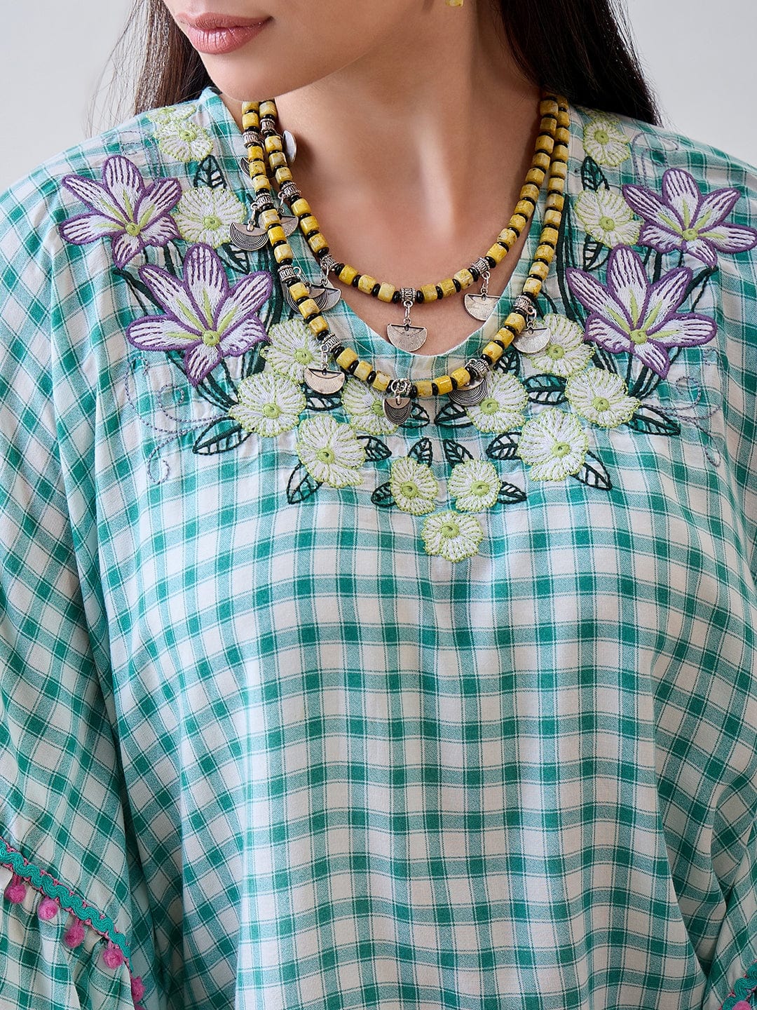 The Kaftan Company Tops Green Gingham Floral Embroidered Cotton Kaftan Top