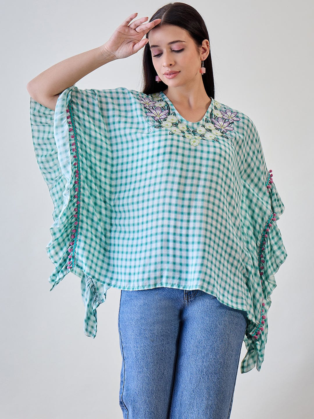 The Kaftan Company Tops Green Gingham Floral Embroidered Cotton Kaftan Top