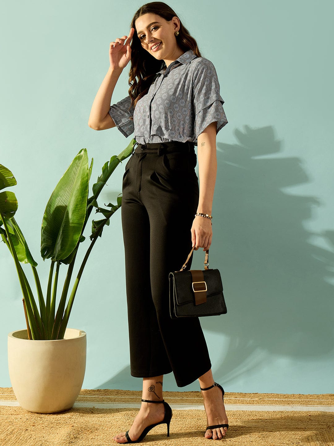 The Kaftan Company Tops Grey Floral Striped Button Down Shirt
