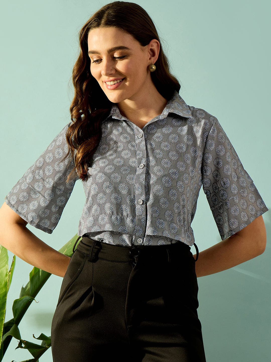 The Kaftan Company Tops Grey Floral Striped Button Down Shirt