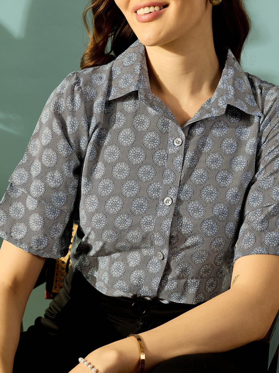 The Kaftan Company Tops Grey Floral Striped Button Down Shirt