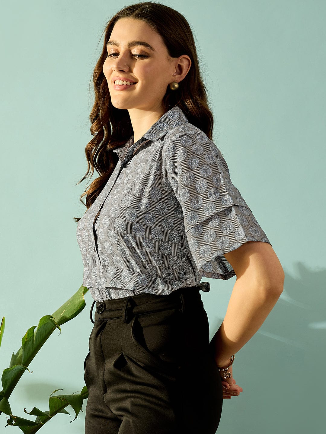 The Kaftan Company Tops Grey Floral Striped Button Down Shirt