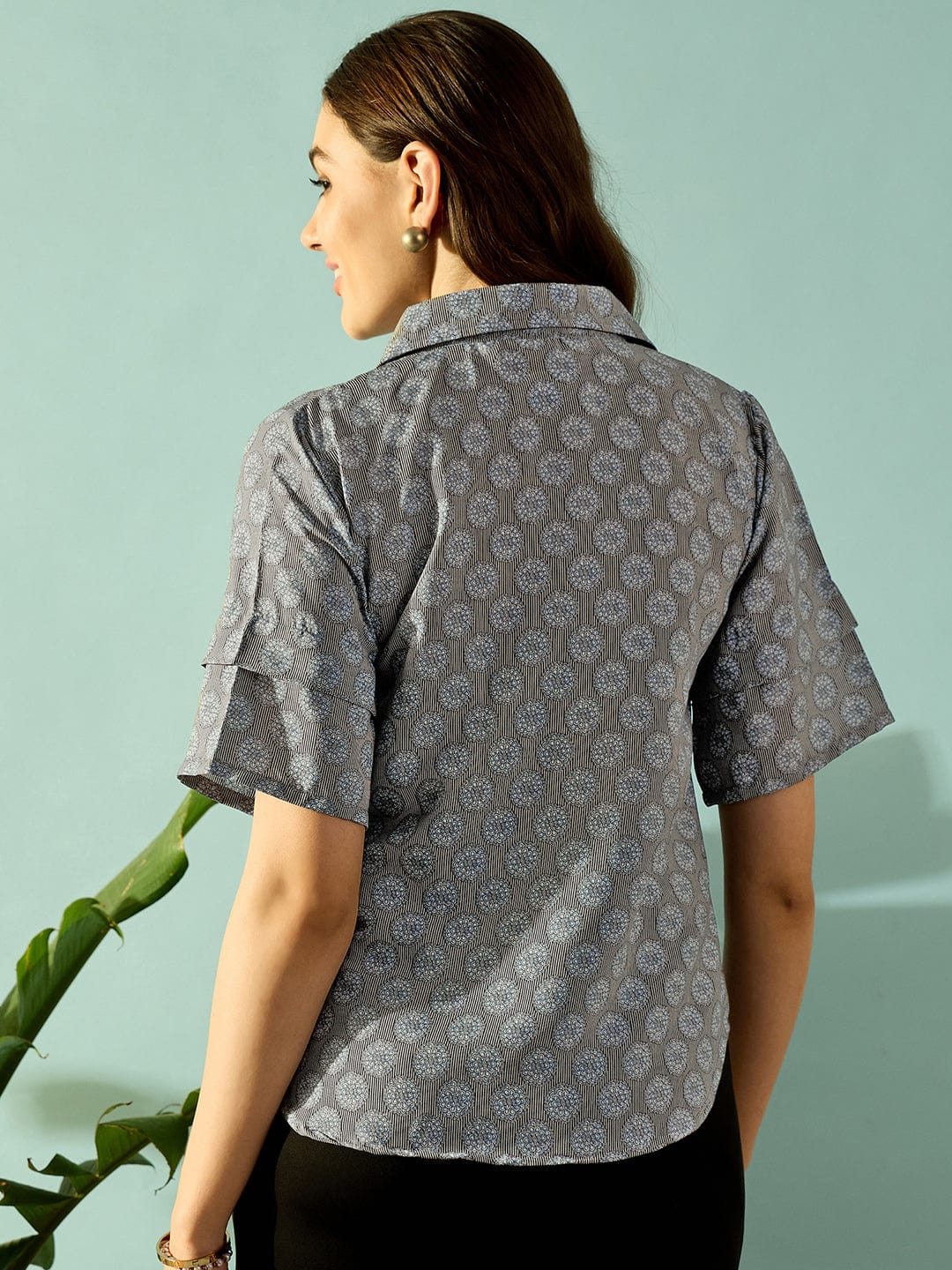 The Kaftan Company Tops Grey Floral Striped Button Down Shirt