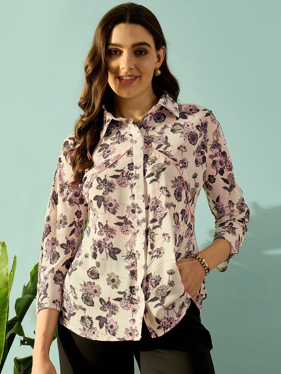 The Kaftan Company Tops Grey Monochromatic Floral Button Down Shirt