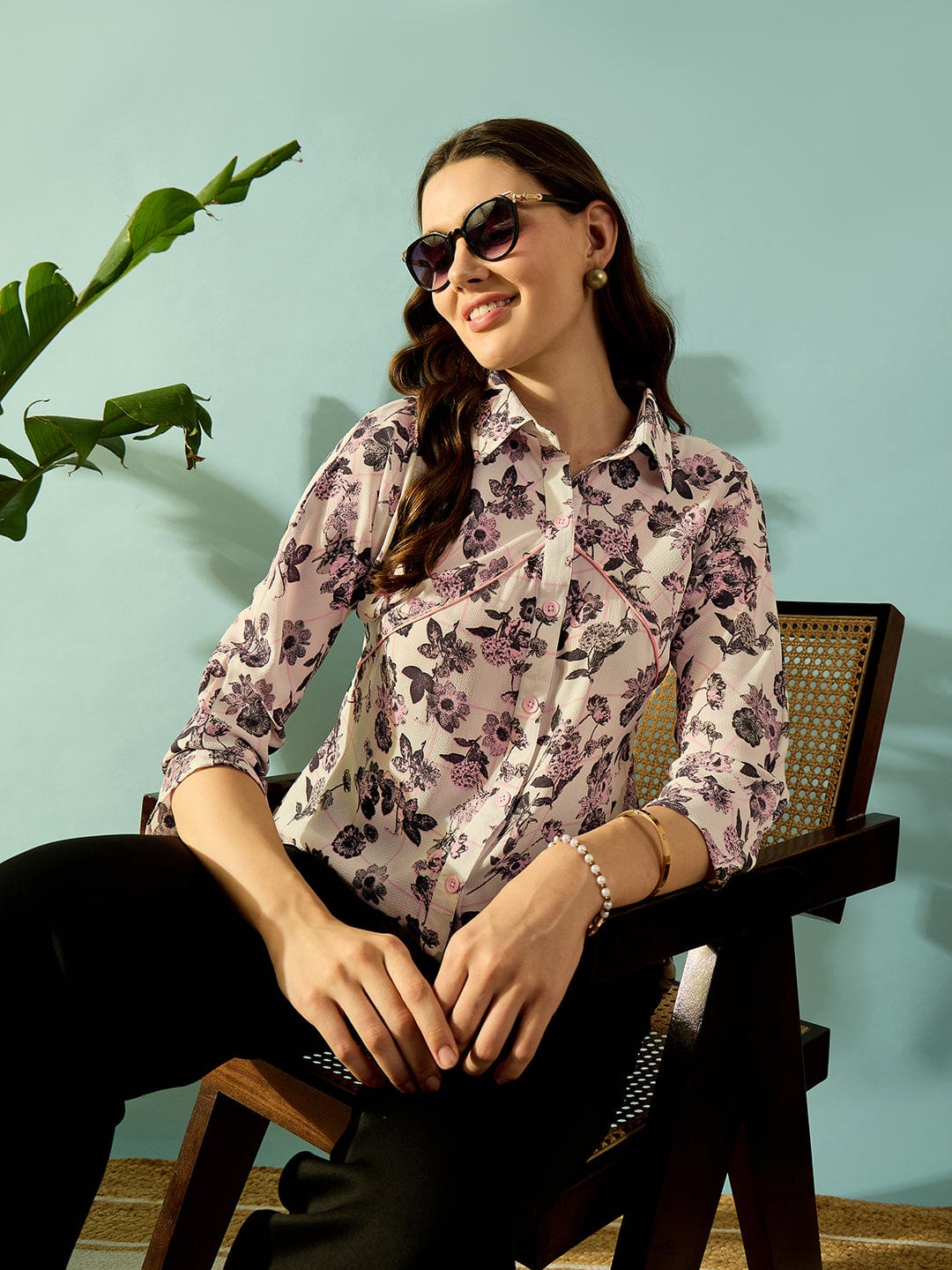 The Kaftan Company Tops Grey Monochromatic Floral Button Down Shirt