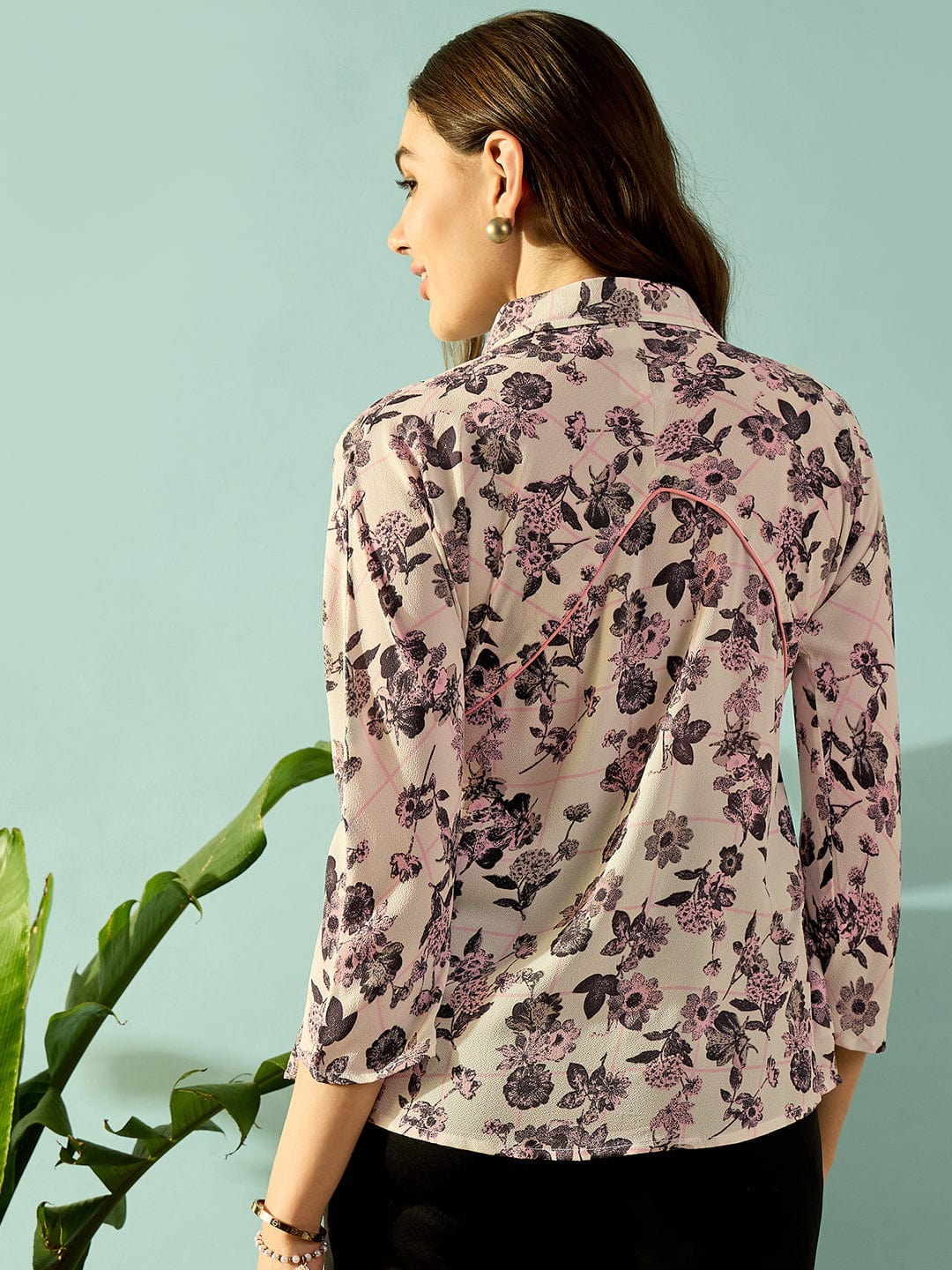 The Kaftan Company Tops Grey Monochromatic Floral Button Down Shirt