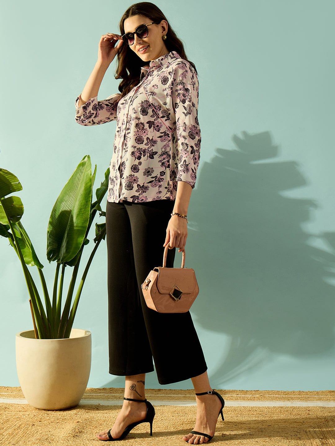 The Kaftan Company Tops Grey Monochromatic Floral Button Down Shirt