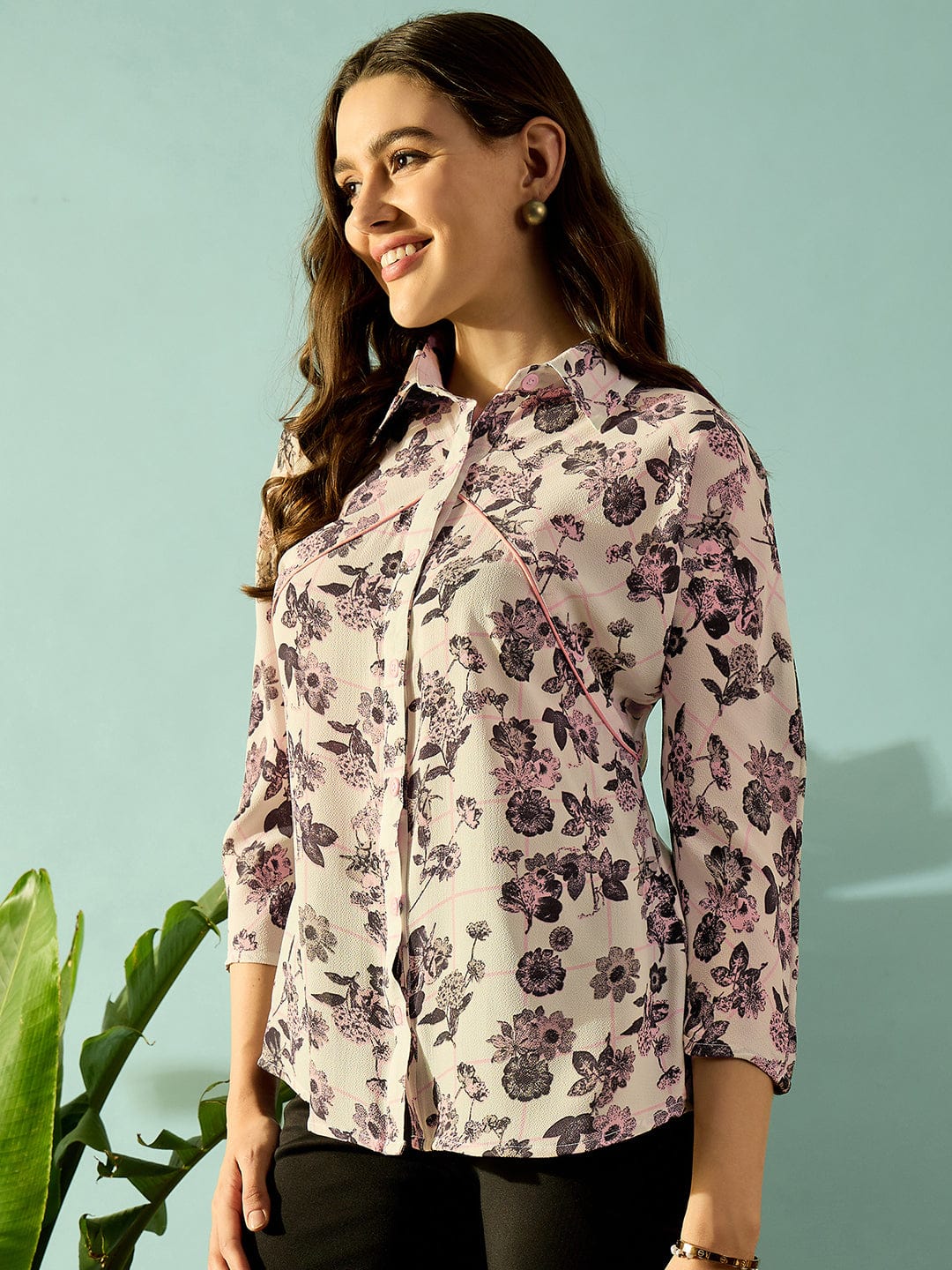 The Kaftan Company Tops Grey Monochromatic Floral Button Down Shirt