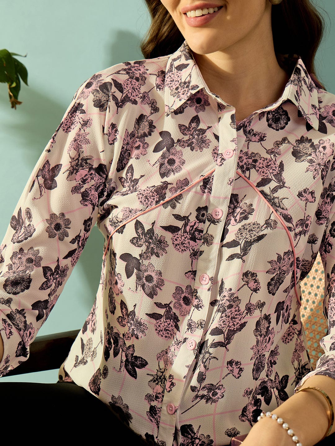 The Kaftan Company Tops Grey Monochromatic Floral Button Down Shirt