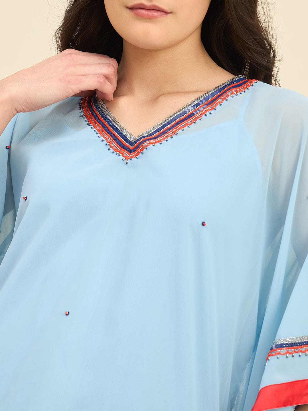 The Kaftan Company Tops Light Blue Georgette Kaftan Top with Hand Embroidery