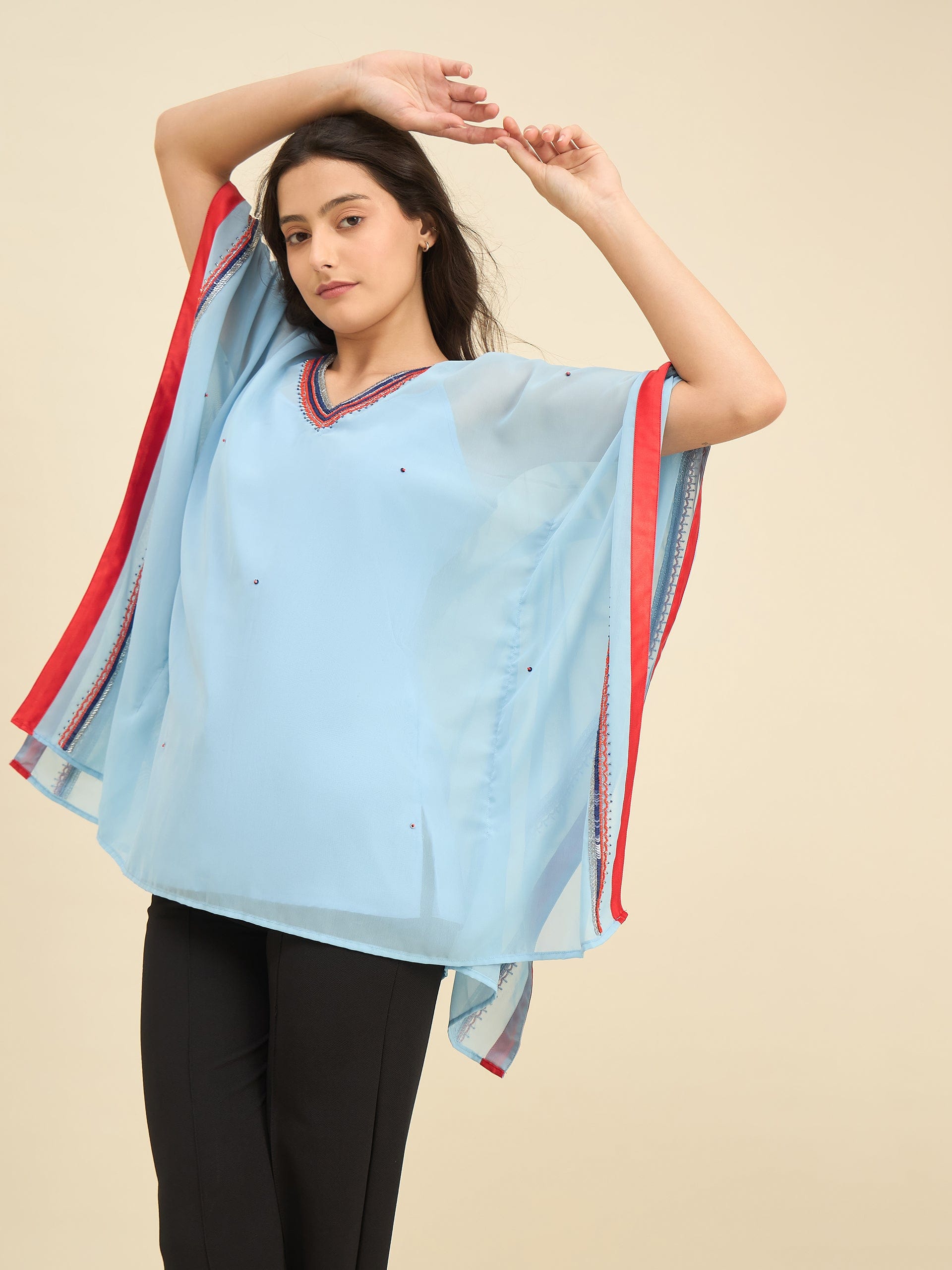 The Kaftan Company Tops Light Blue Georgette Kaftan Top with Hand Embroidery