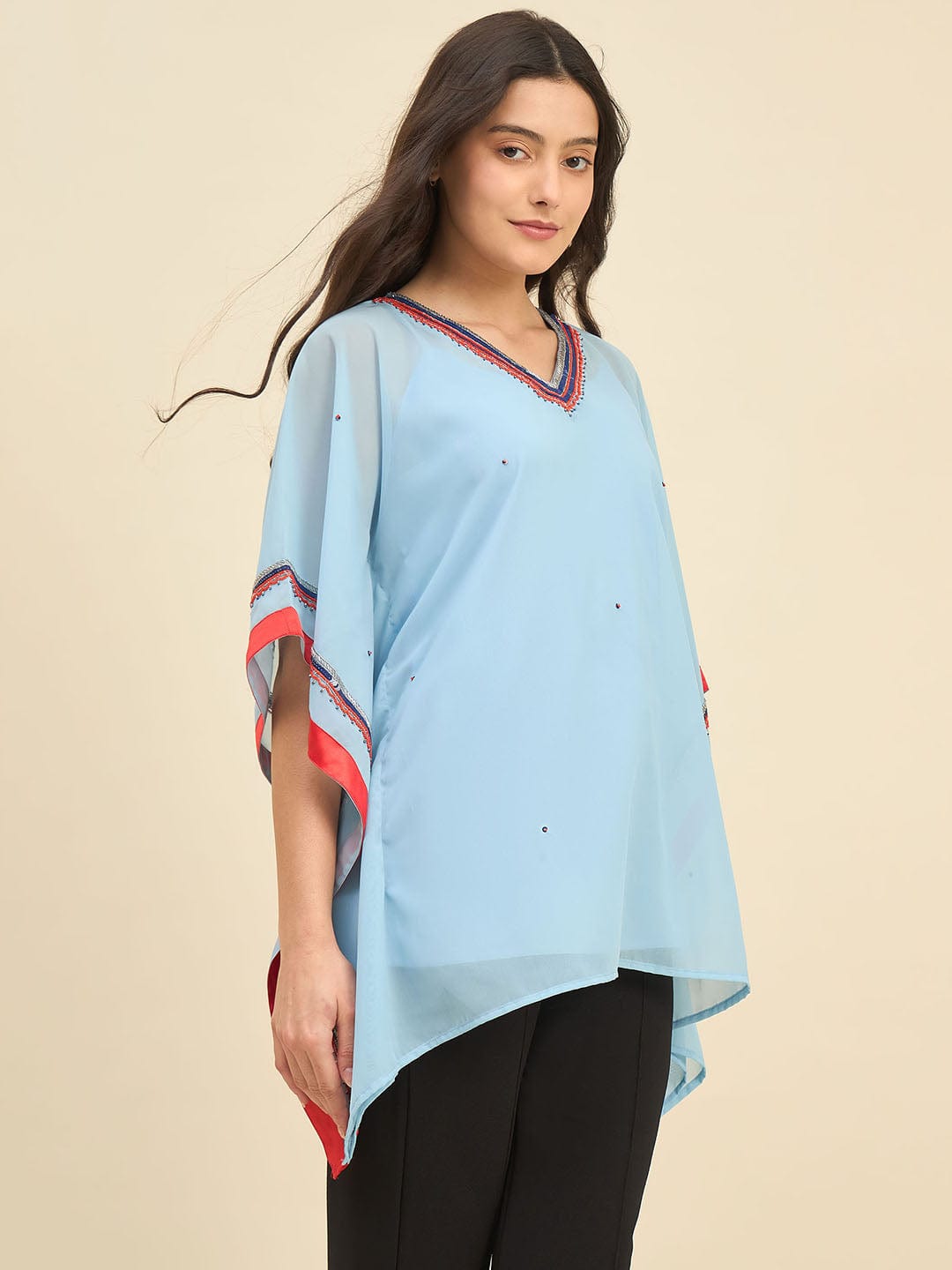 The Kaftan Company Tops Light Blue Georgette Kaftan Top with Hand Embroidery