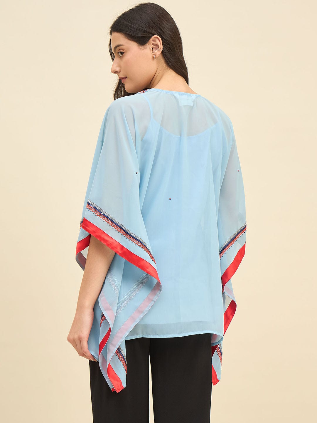 The Kaftan Company Tops Light Blue Georgette Kaftan Top with Hand Embroidery