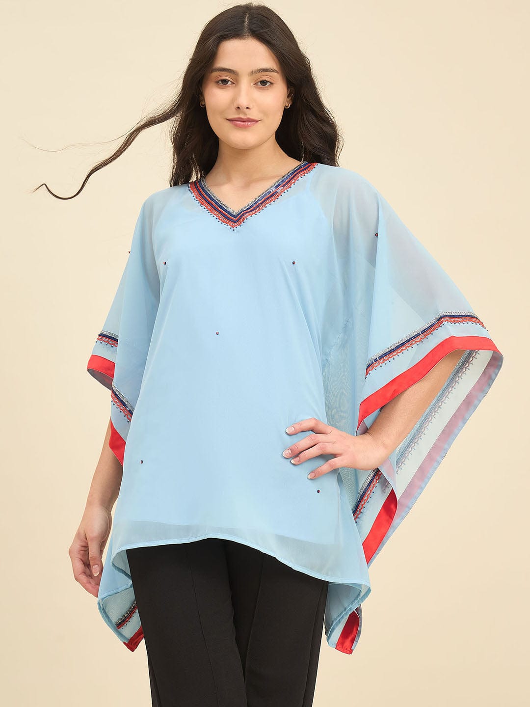 The Kaftan Company Tops Light Blue Georgette Kaftan Top with Hand Embroidery