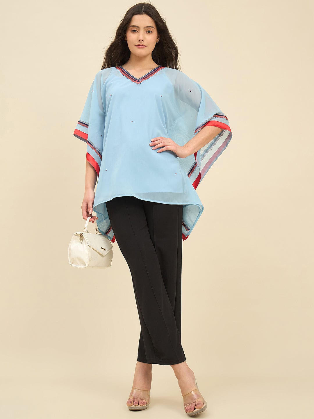 The Kaftan Company Tops Light Blue Georgette Kaftan Top with Hand Embroidery