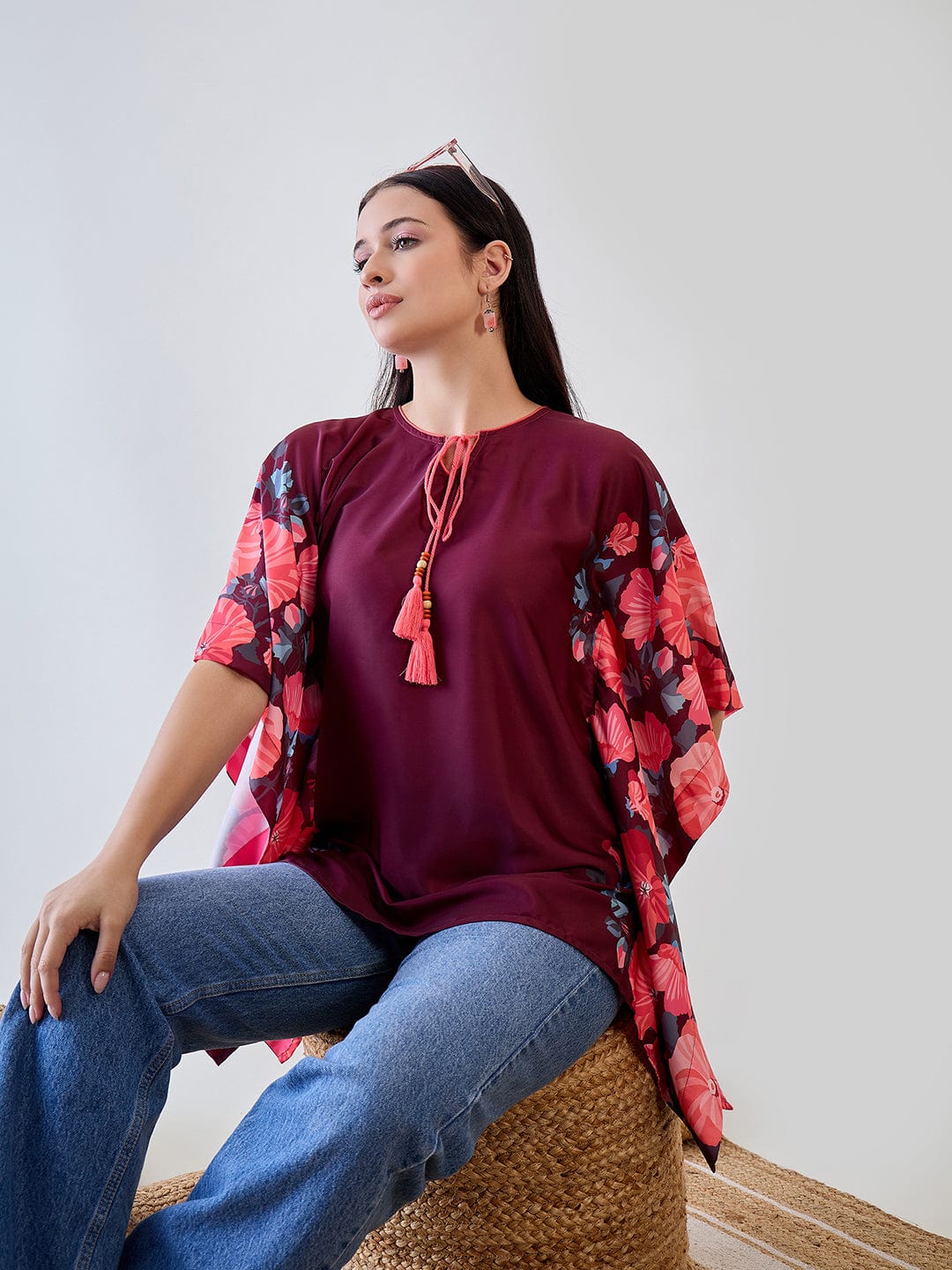 The Kaftan Company Tops Maroon Floral Kaftan Crop Top