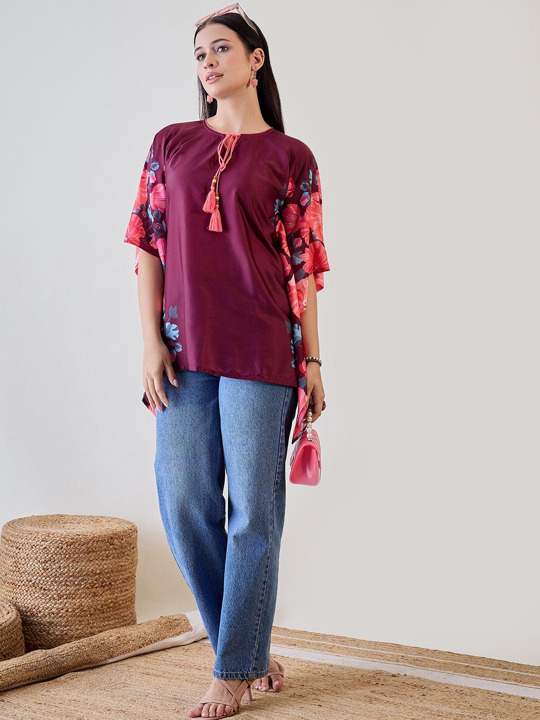 The Kaftan Company Tops Maroon Floral Kaftan Crop Top