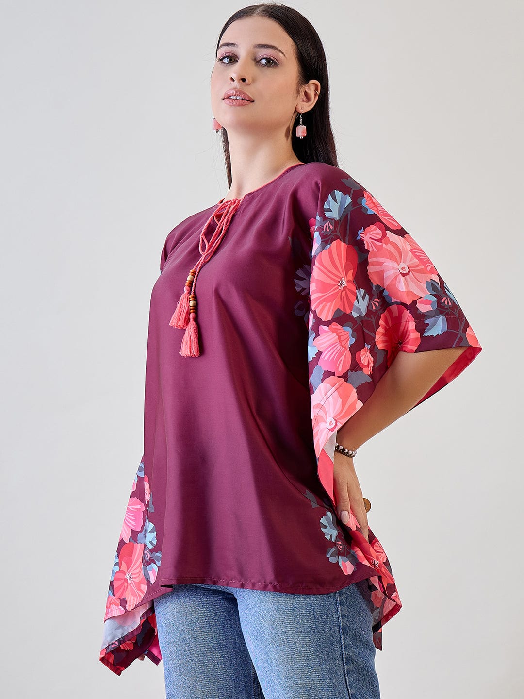The Kaftan Company Tops Maroon Floral Kaftan Crop Top