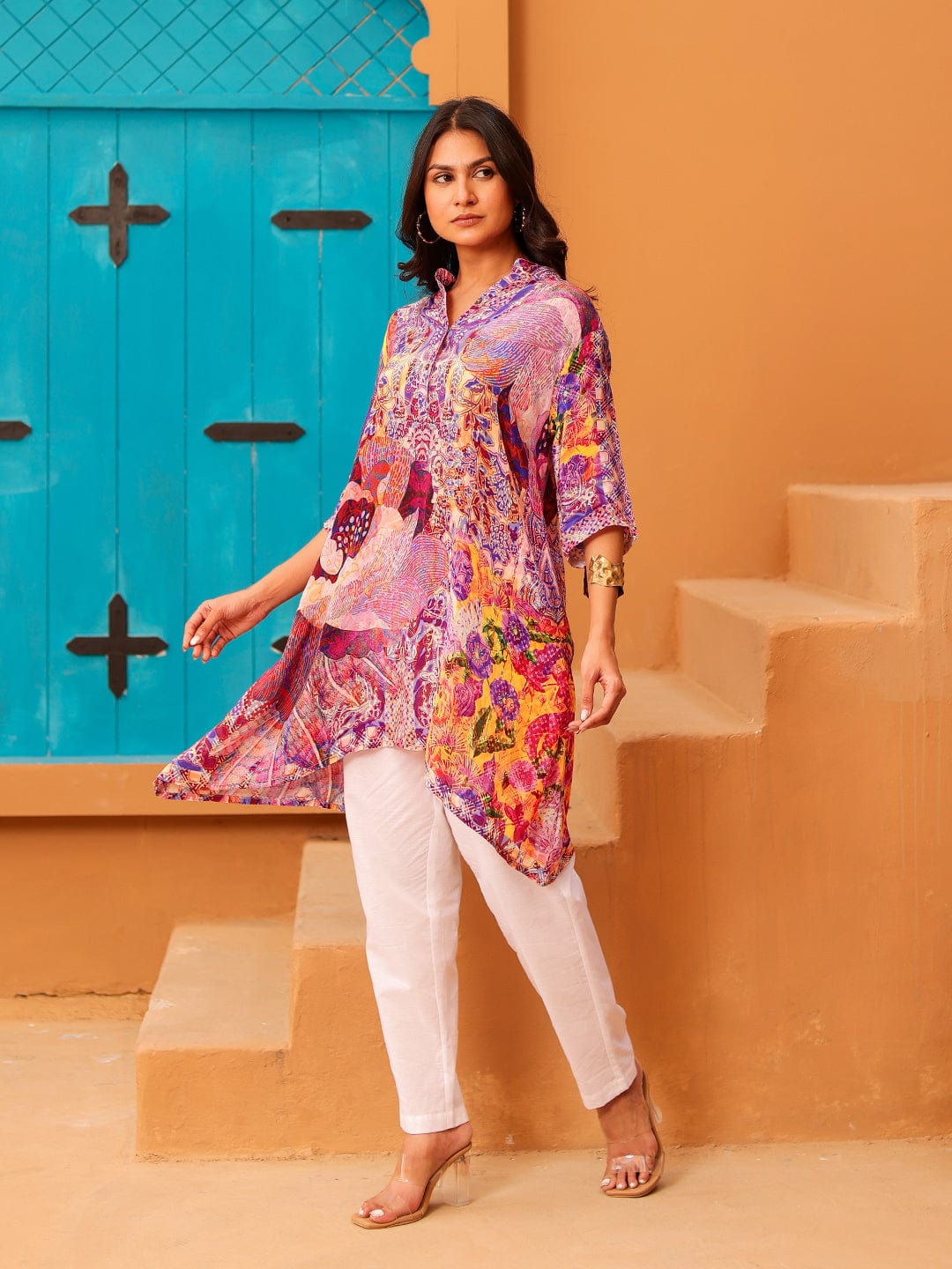 The Kaftan Company Tops Multi-Color Printed Natural Crepe Asymmetric Tunic Top