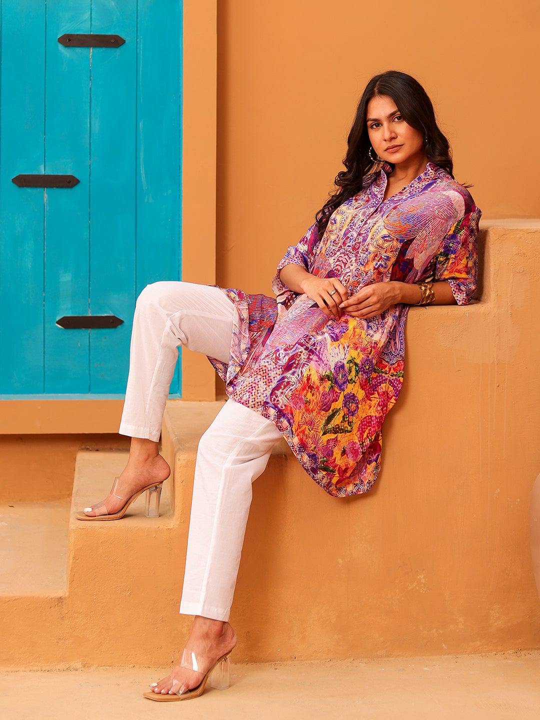 The Kaftan Company Tops Multi-Color Printed Natural Crepe Asymmetric Tunic Top