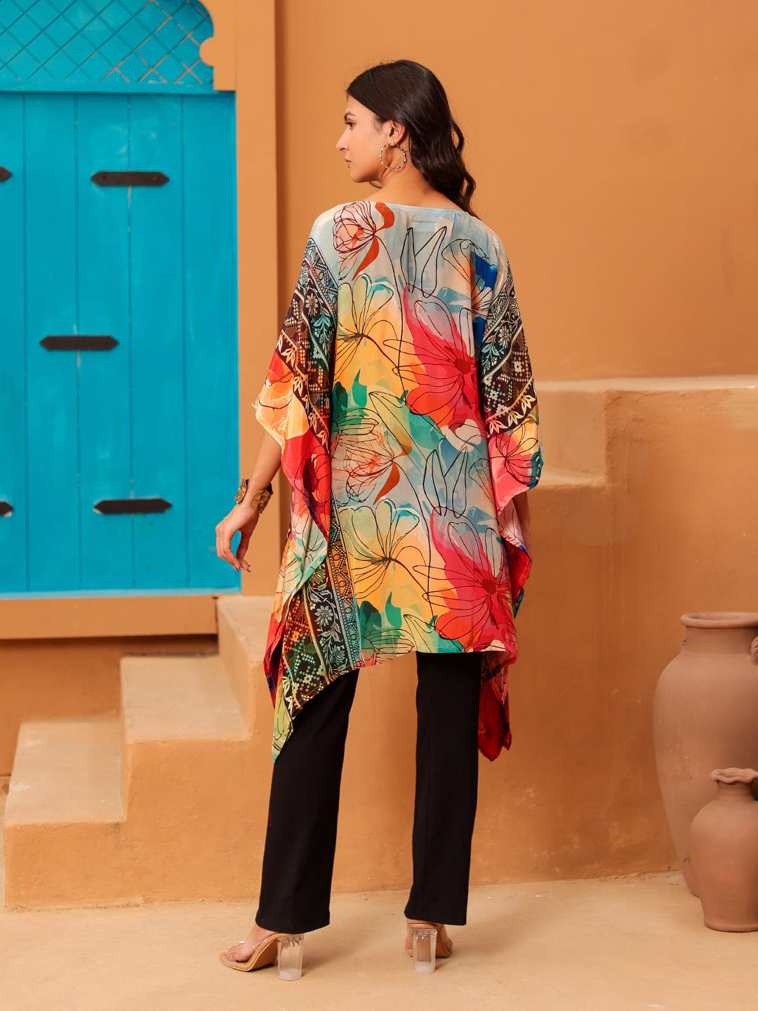 The Kaftan Company Tops Multi-Color Printed Natural Crepe Tunic Top with Keyhole Neck