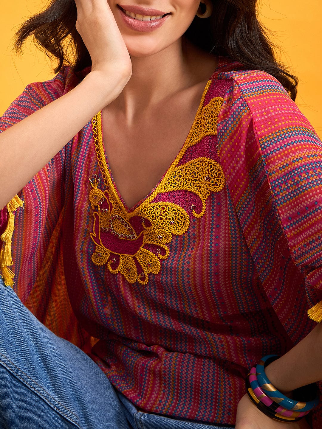 The Kaftan Company Tops Multi Coloured Embroidered Tribal Kaftan Top