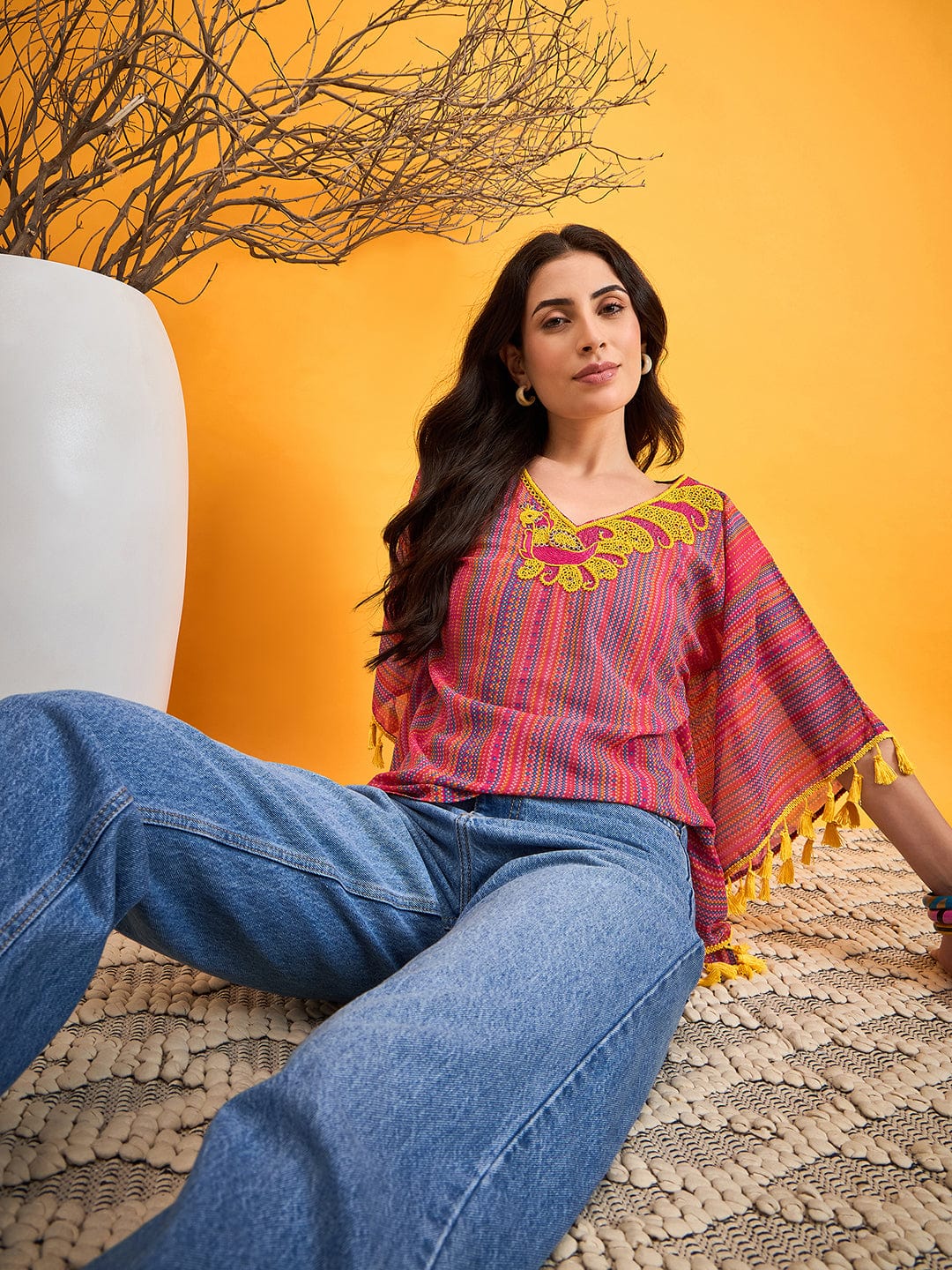 The Kaftan Company Tops Multi Coloured Embroidered Tribal Kaftan Top