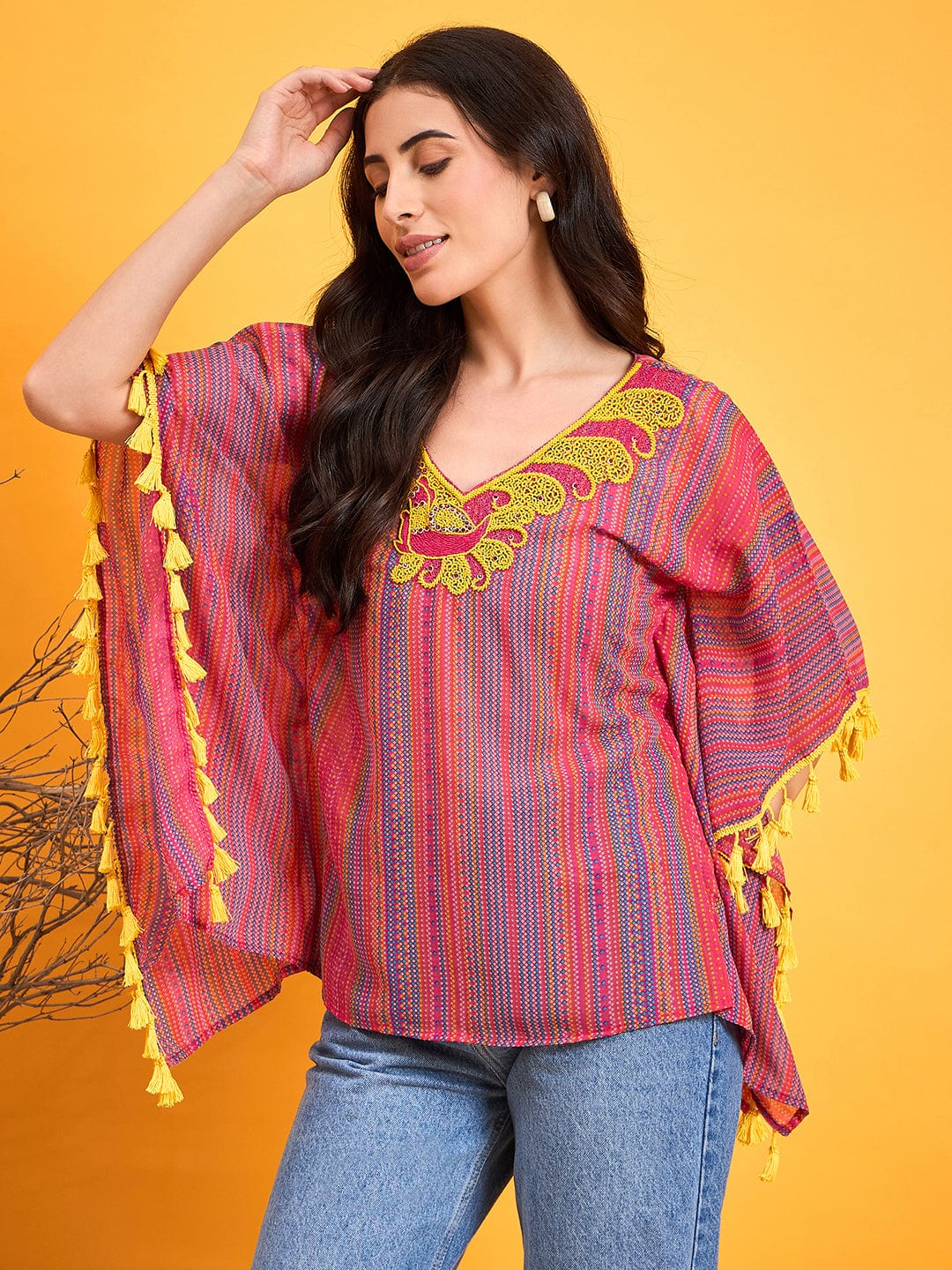 The Kaftan Company Tops Multi Coloured Embroidered Tribal Kaftan Top