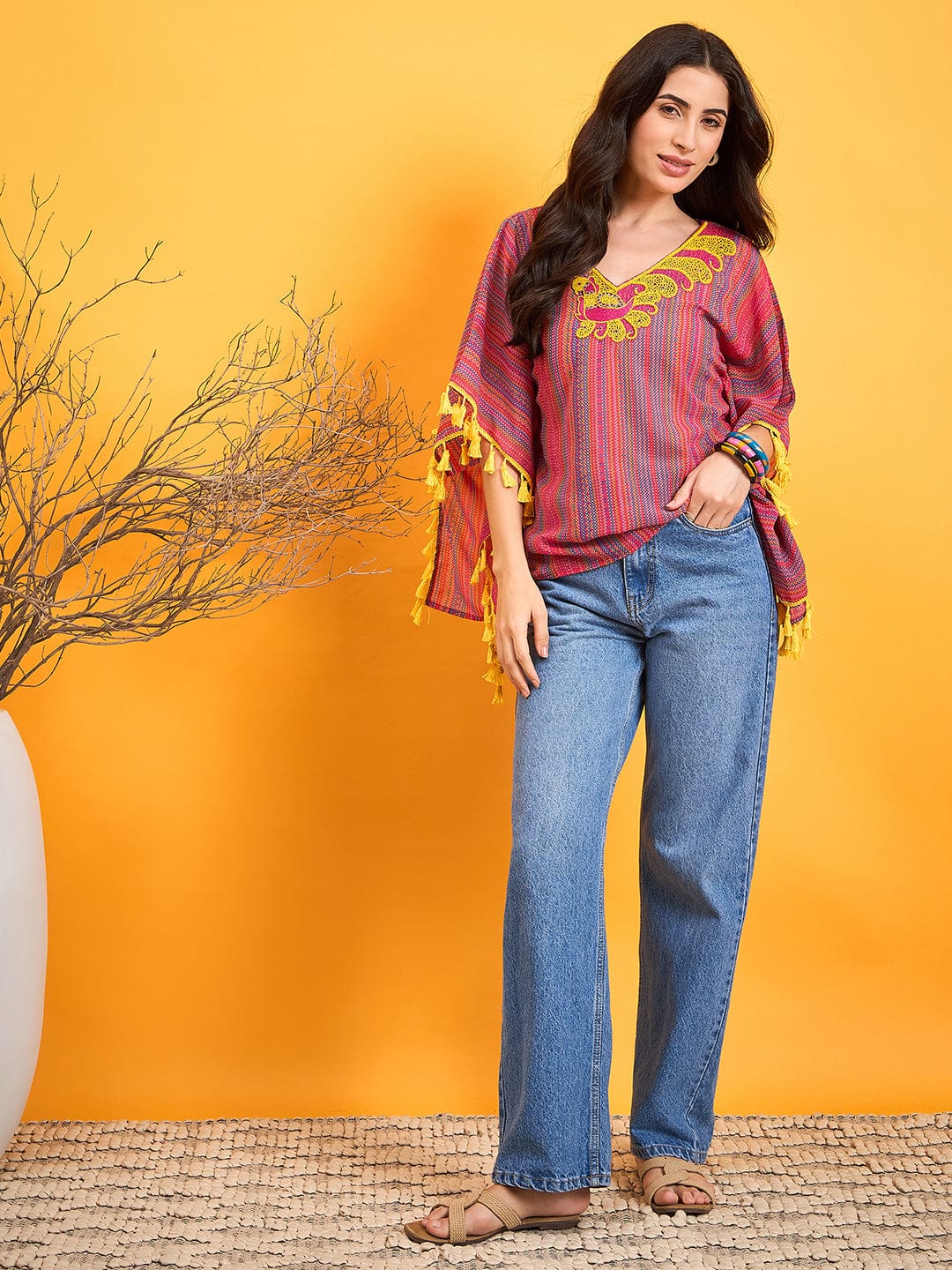 The Kaftan Company Tops Multi Coloured Embroidered Tribal Kaftan Top