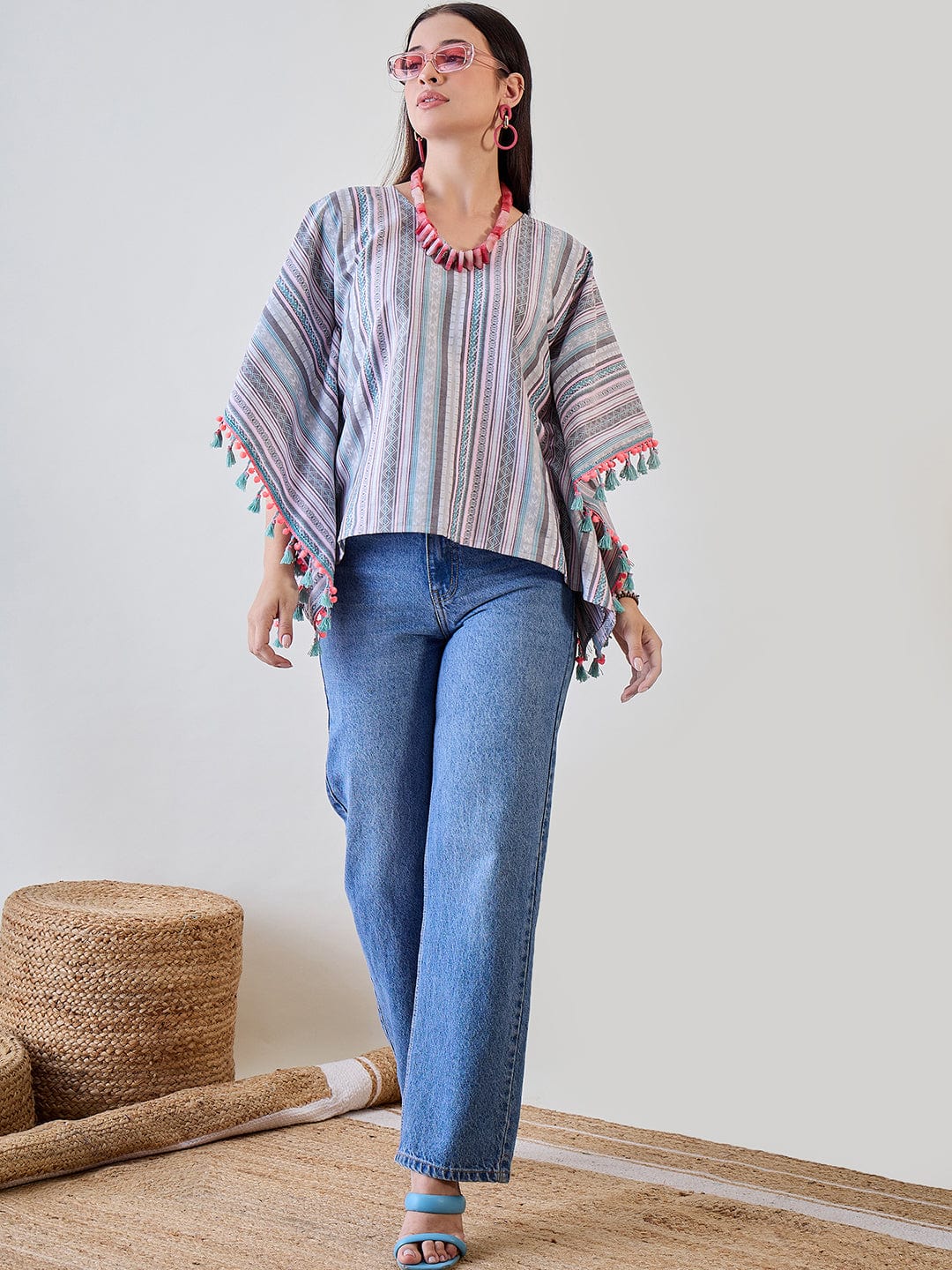 The Kaftan Company Tops Multicoloured Decorative Striped Pom Pom Lace Embellished Cotton Kaftan Top