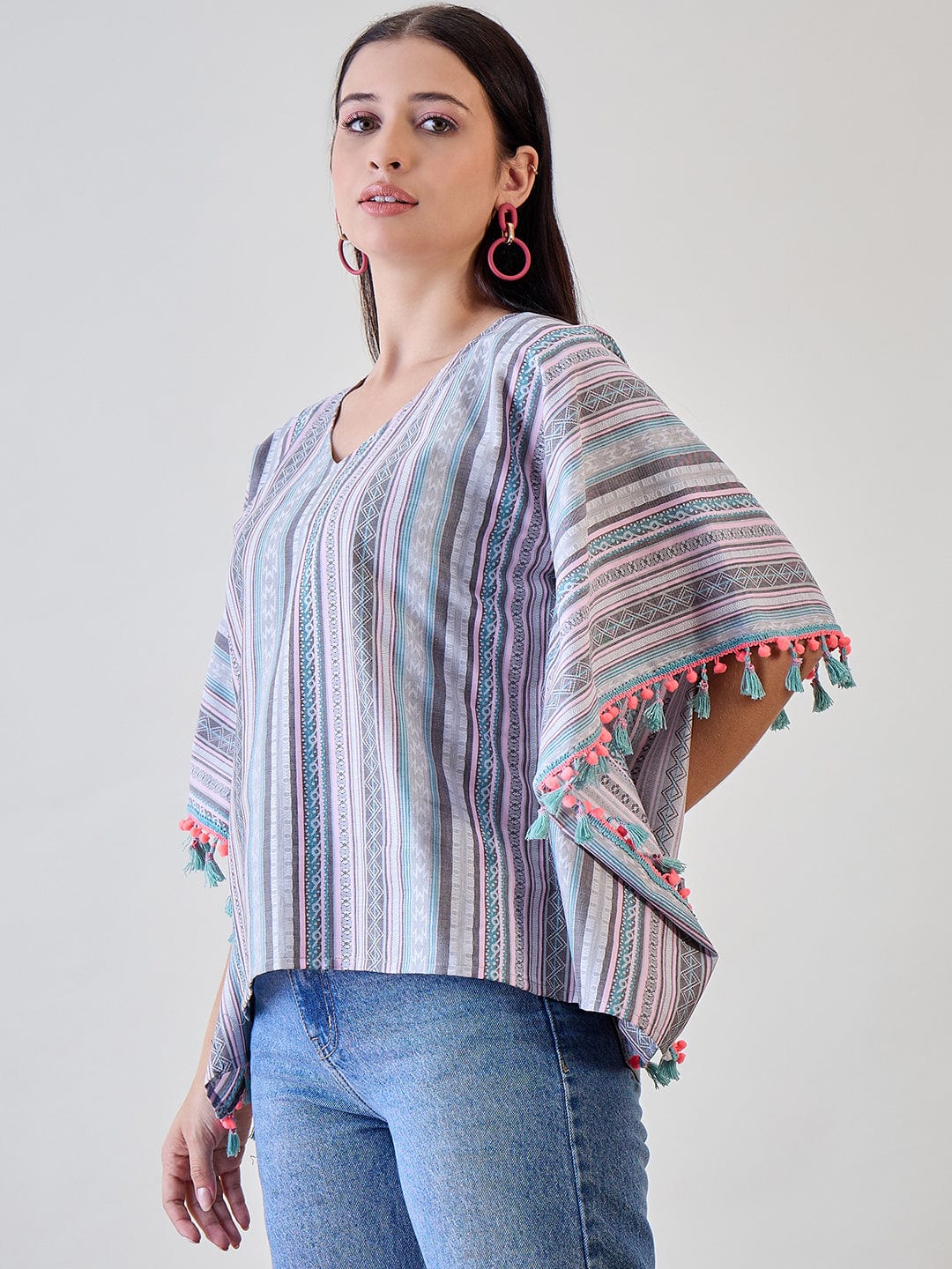 The Kaftan Company Tops Multicoloured Decorative Striped Pom Pom Lace Embellished Cotton Kaftan Top