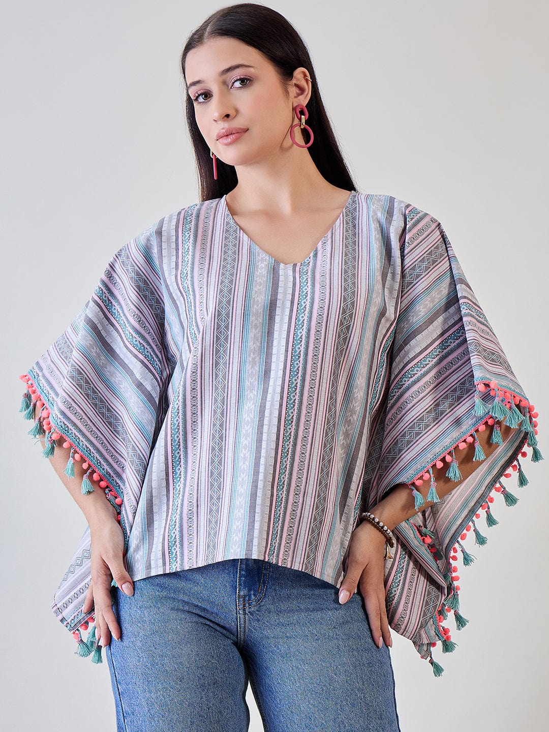 The Kaftan Company Tops Multicoloured Decorative Striped Pom Pom Lace Embellished Cotton Kaftan Top