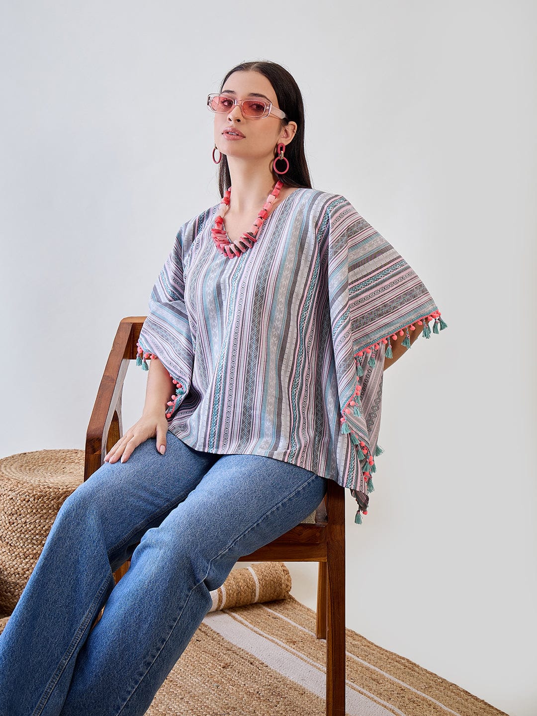 The Kaftan Company Tops Multicoloured Decorative Striped Pom Pom Lace Embellished Cotton Kaftan Top