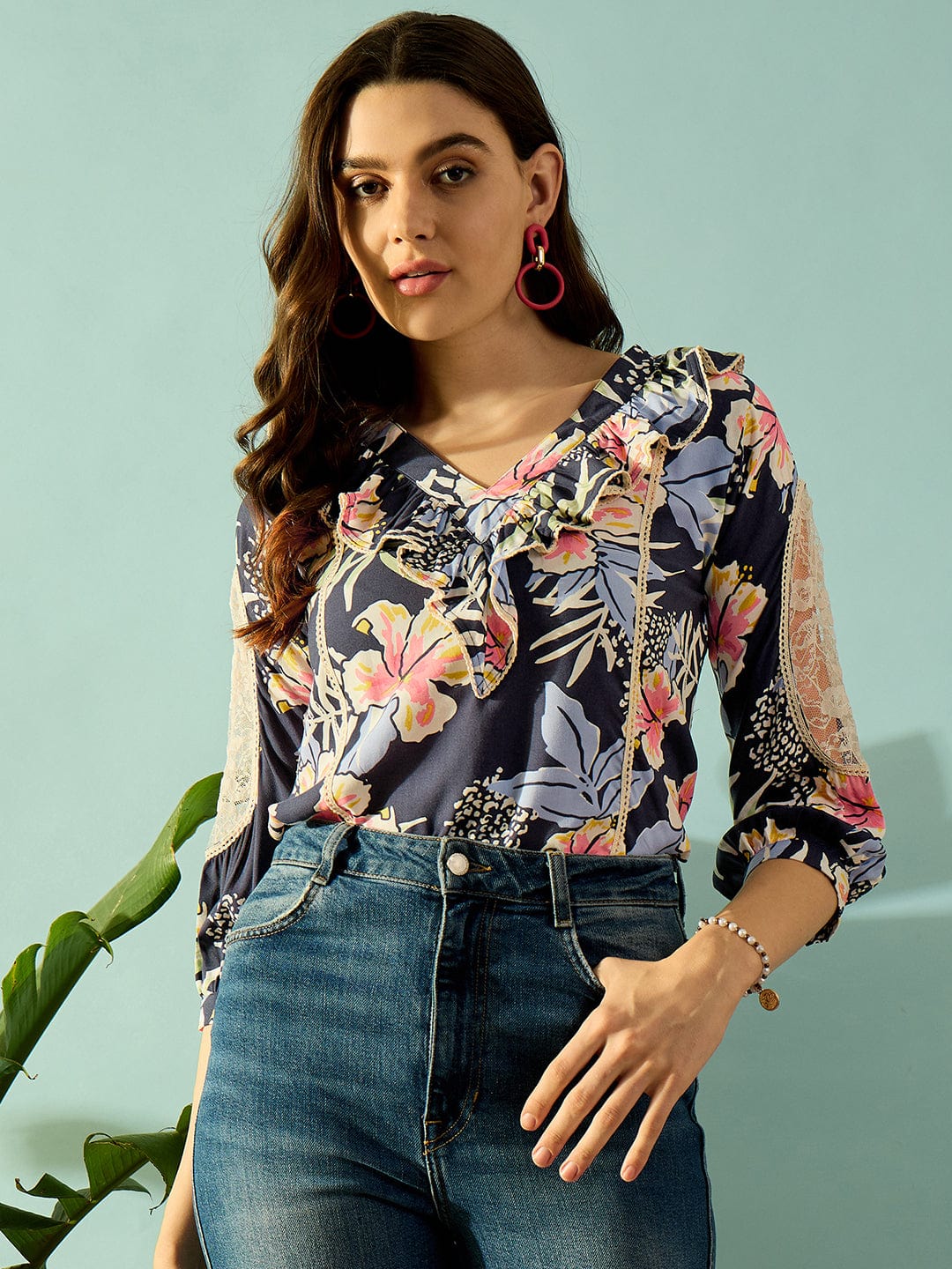 The Kaftan Company Tops Navy Blue Floral Blossom Ruffled Top