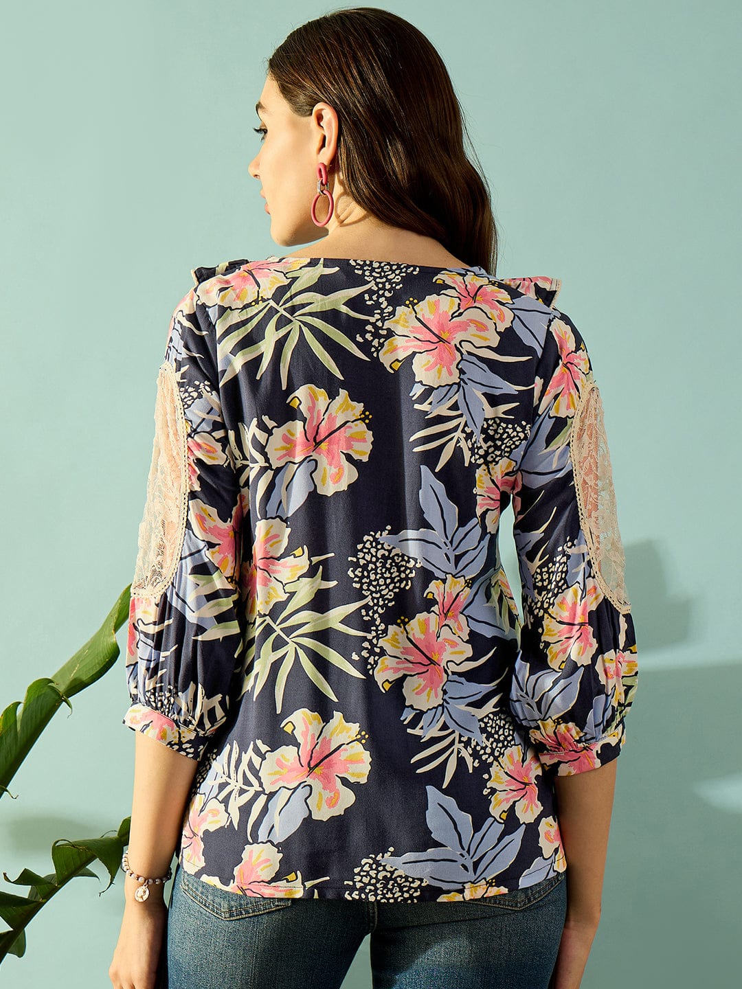 The Kaftan Company Tops Navy Blue Floral Blossom Ruffled Top