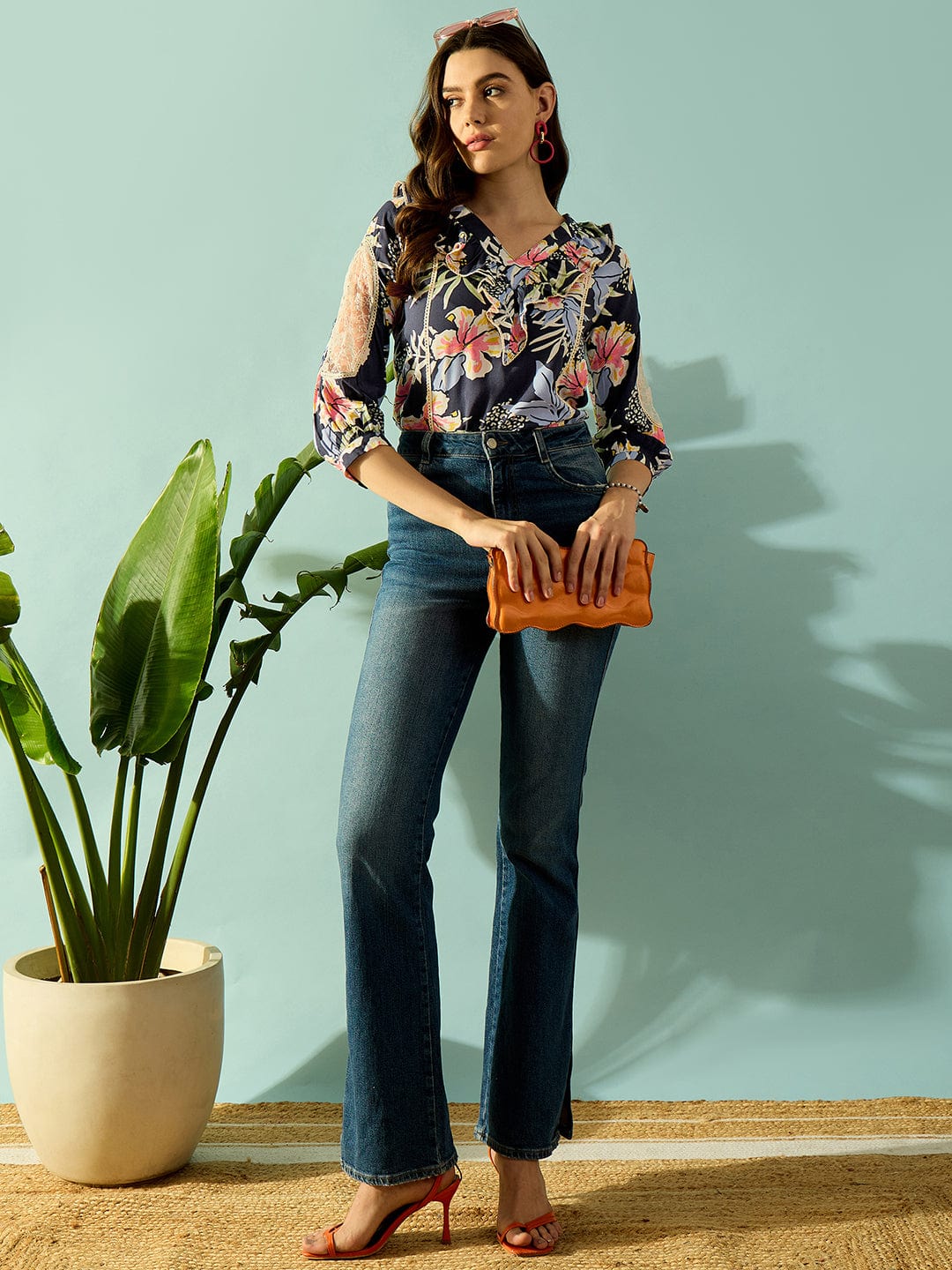 The Kaftan Company Tops Navy Blue Floral Blossom Ruffled Top