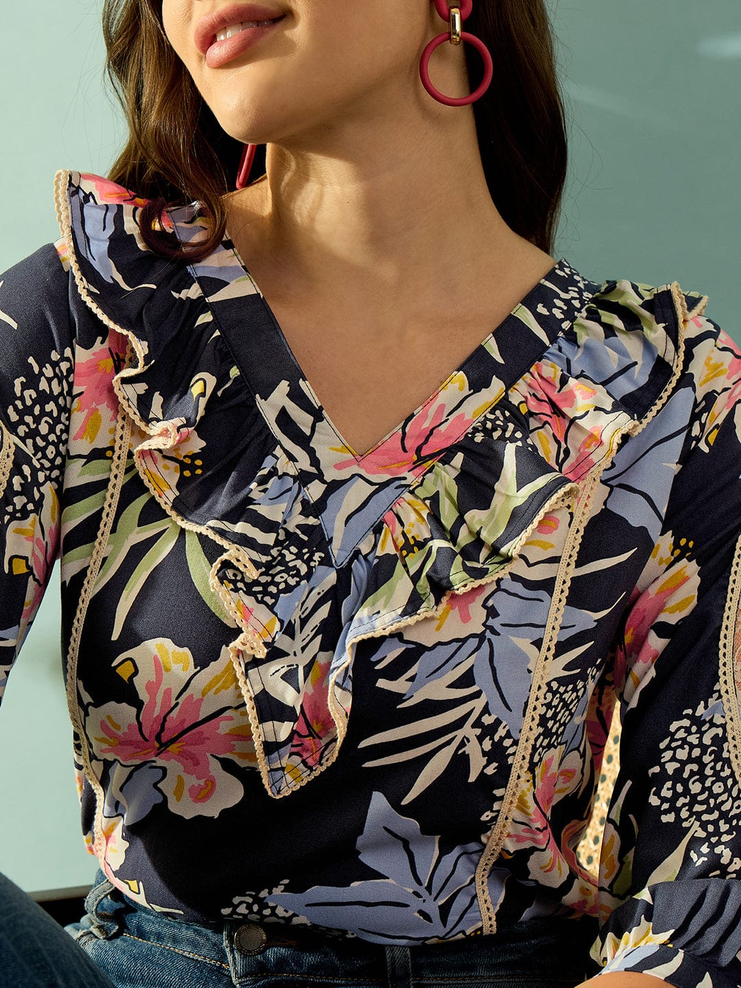 The Kaftan Company Tops Navy Blue Floral Blossom Ruffled Top