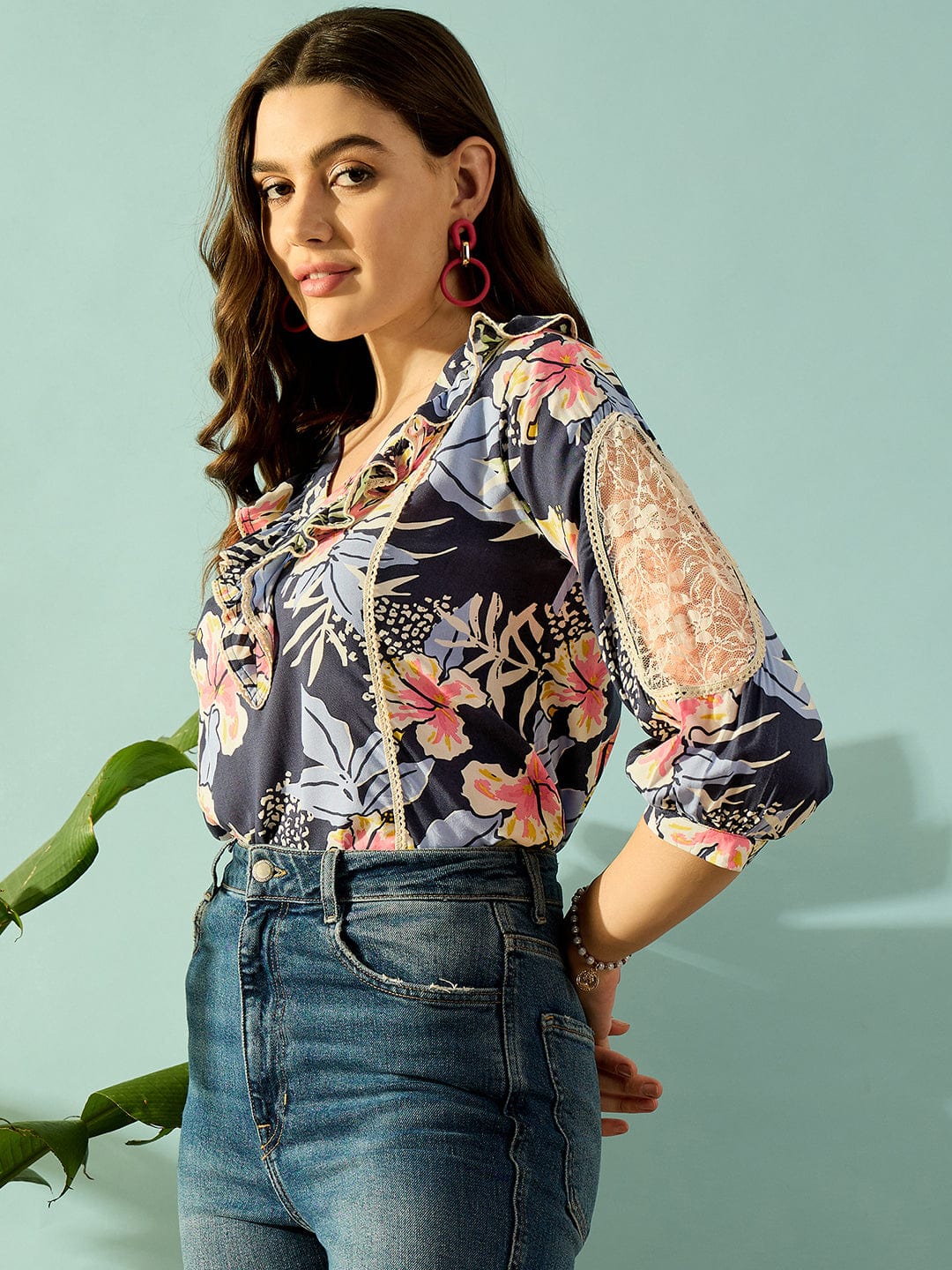 The Kaftan Company Tops Navy Blue Floral Blossom Ruffled Top