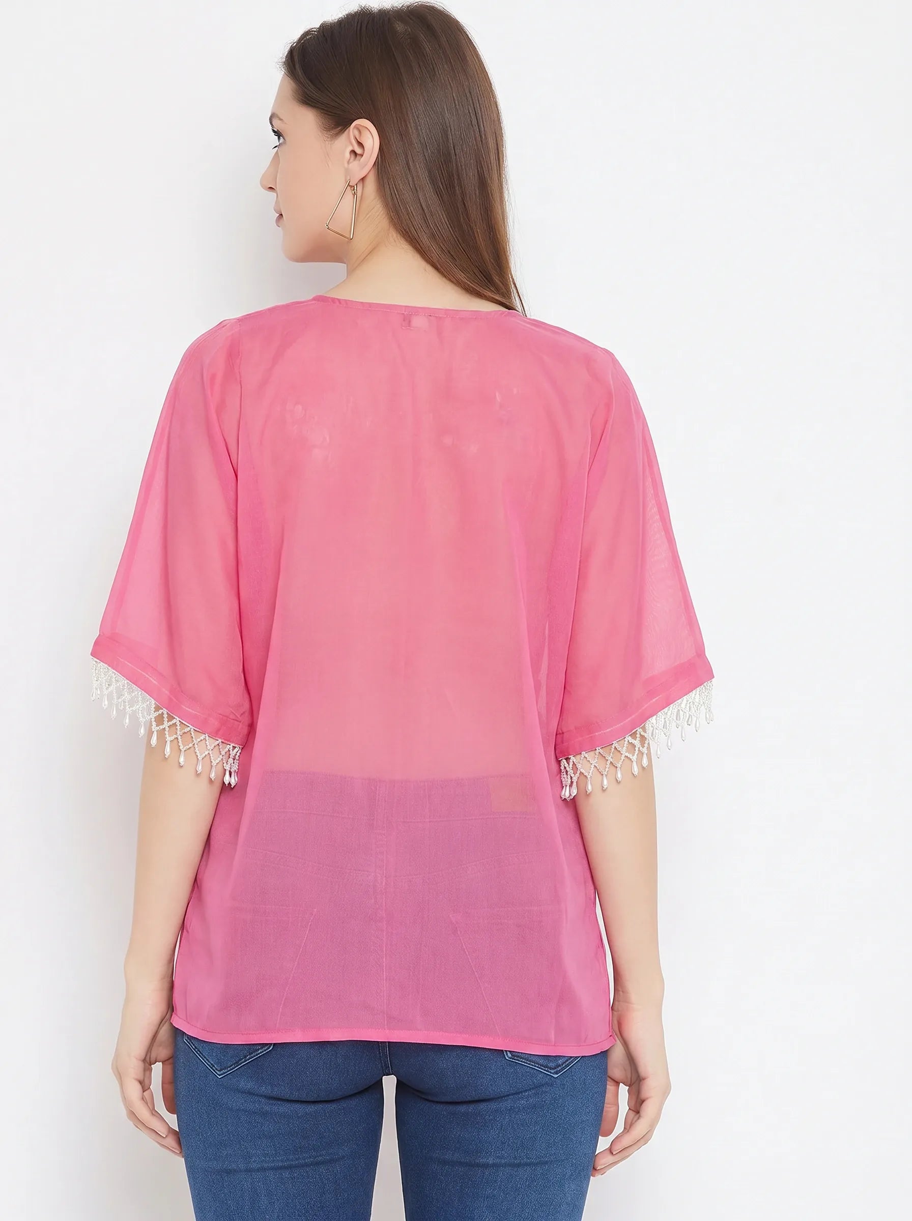 The Kaftan Company Tops One Size Pink Solid Georgette Kaftan Top with Hand Embroidery and Lace Trim