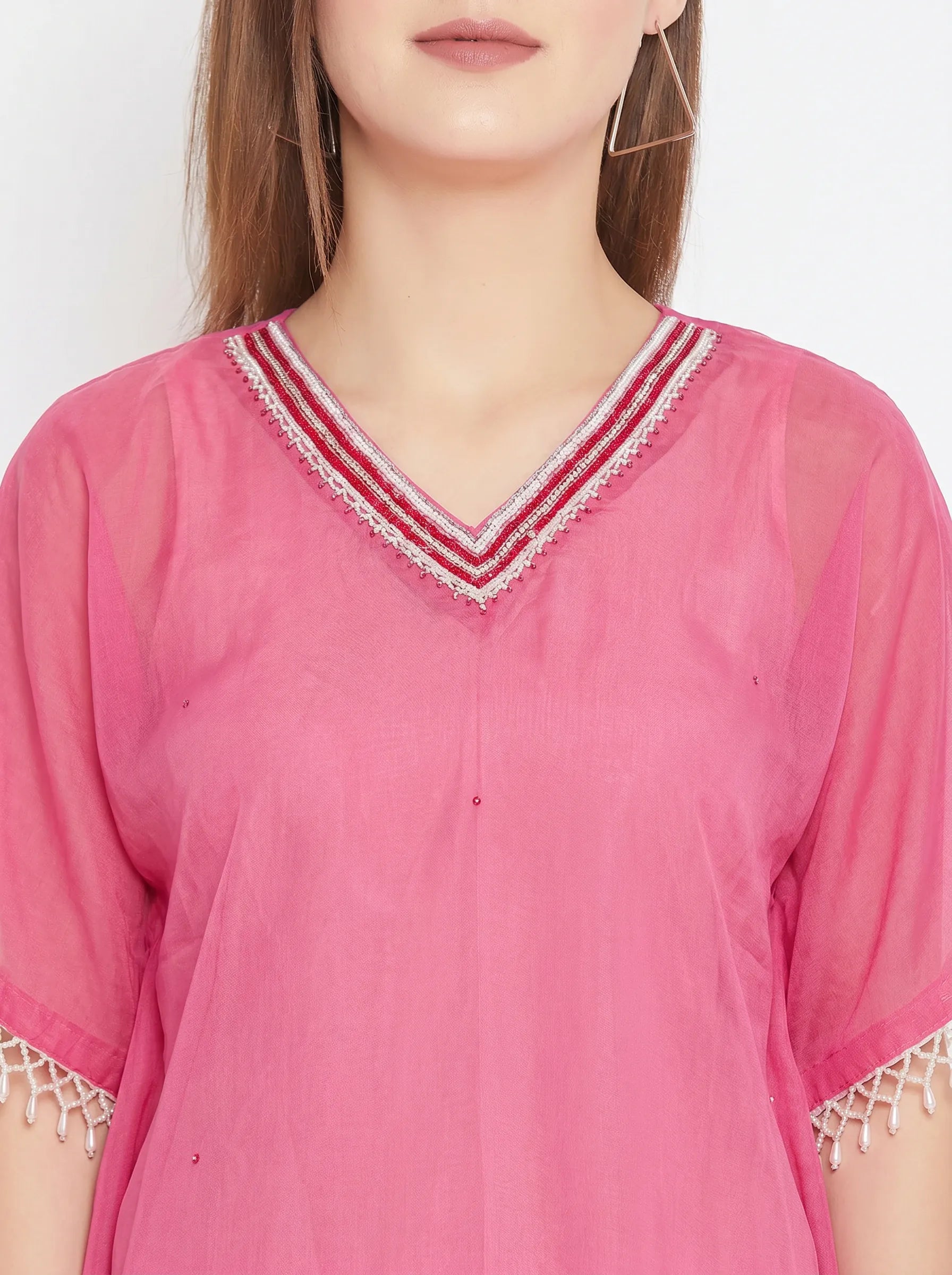 The Kaftan Company Tops One Size Pink Solid Georgette Kaftan Top with Hand Embroidery and Lace Trim
